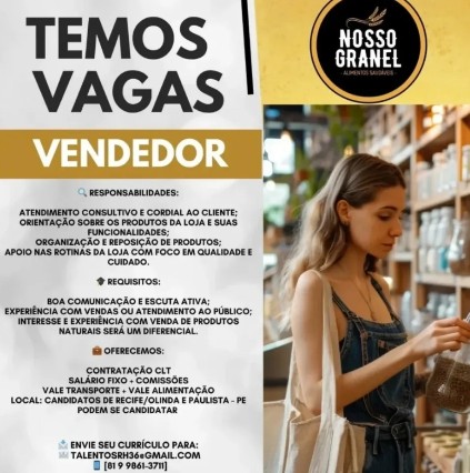 1 Vaga de emprego para Vendedor na empresa Nosso Granel em 26/09