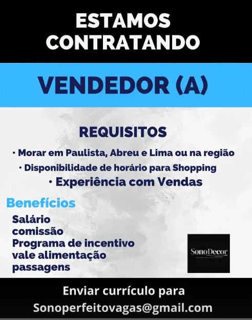 1 Vaga de emprego para Vendedor na empresa Sono Decor em 25/09