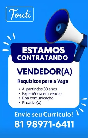 1 Vaga de emprego para Vendedor na empresa Touti Cosmetics em 18/09