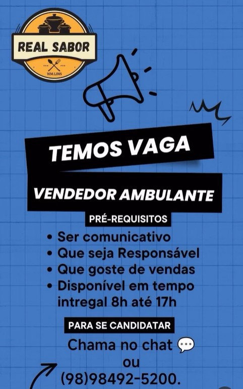 1 Vaga de emprego para Vendedor Ambulante sem experiência na empresa Restaurante Real Sabor em 12/09