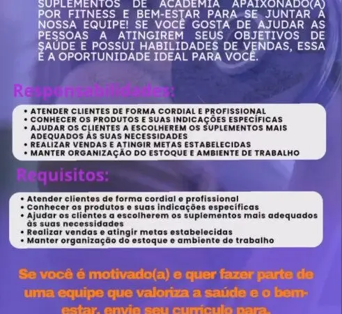 1 Vaga de emprego para Vendedor De Suplementos De Academia sem experiência na empresa Dynamo em 08/09