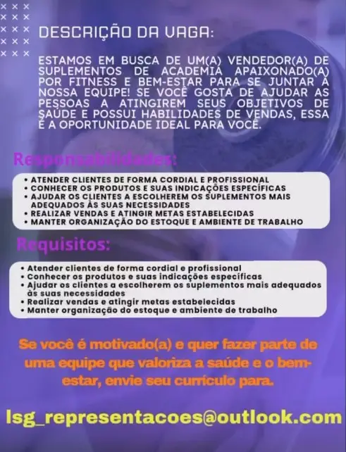 1 Vaga de emprego para Vendedor De Suplementos De Academia sem experiência na empresa Dynamo em 08/09