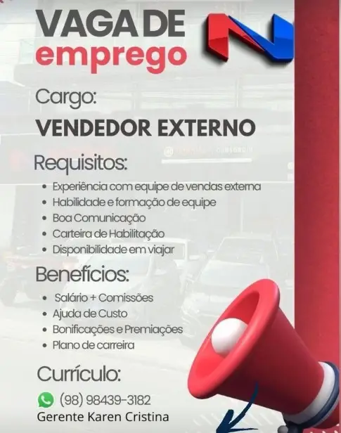 1 Vaga de emprego para Vendedor Externo na empresa Nacional Veículos em 10/09