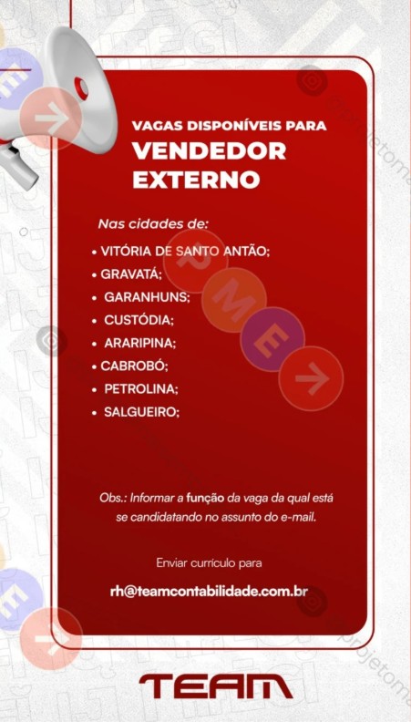 1 Vaga de emprego para Vendedor Externo na empresa Team em 26/09