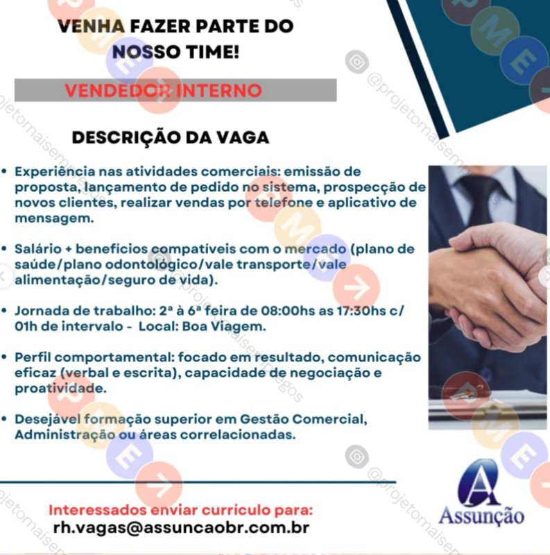 1 Vaga de emprego para Vendedor Interno na empresa Assunção em 26/09