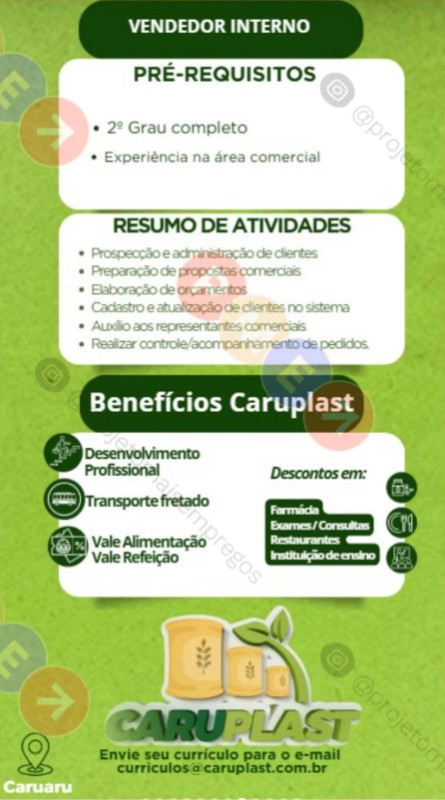 1 Vaga de emprego para Vendedor Interno na empresa Caruplast em 22/09