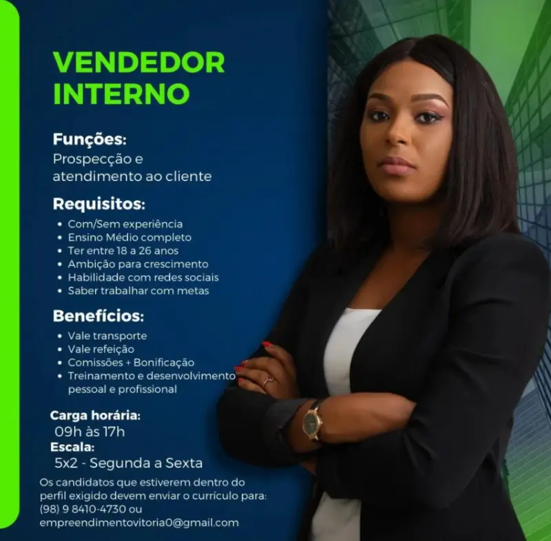 1 Vaga de emprego para Vendedor Interno sem experiência no Segmento comercial em 11/09