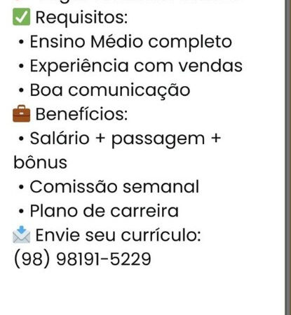1 Vaga de emprego para Vendedor Interno no Segmento comercial em 10/09