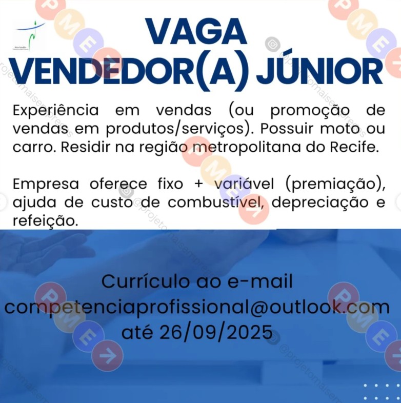 1 Vaga de emprego para Vendedor Júnior no Segmento comercial em 24/09