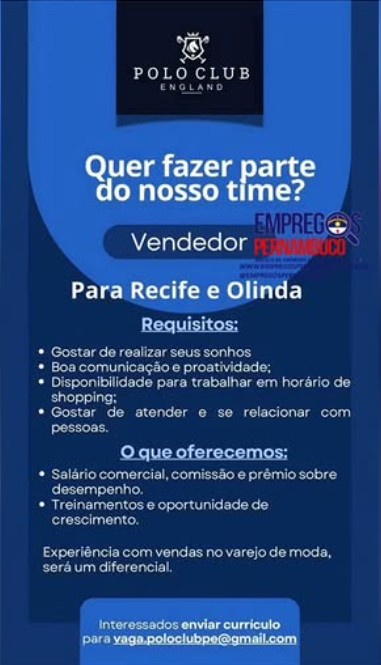 1 Vaga de emprego para Vendedor sem experiência na empresa Loja Polo Club em 26/09