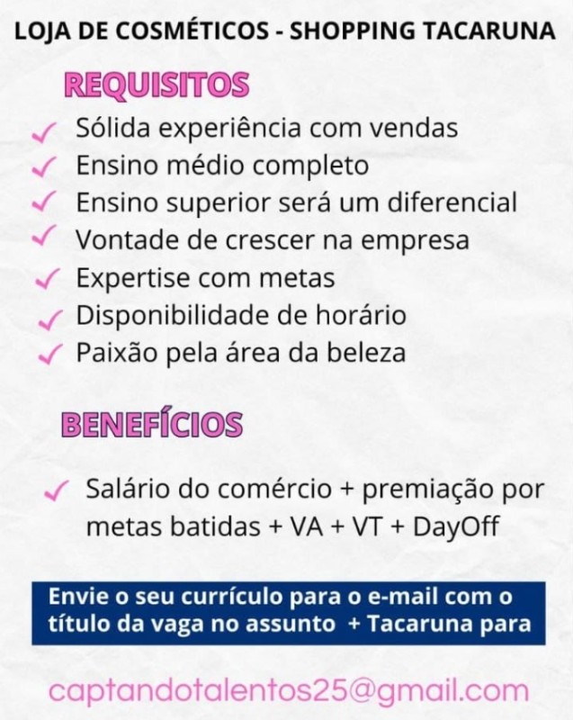 1 Vaga de emprego para Vendedor no Segmento de cosméticos em 25/09