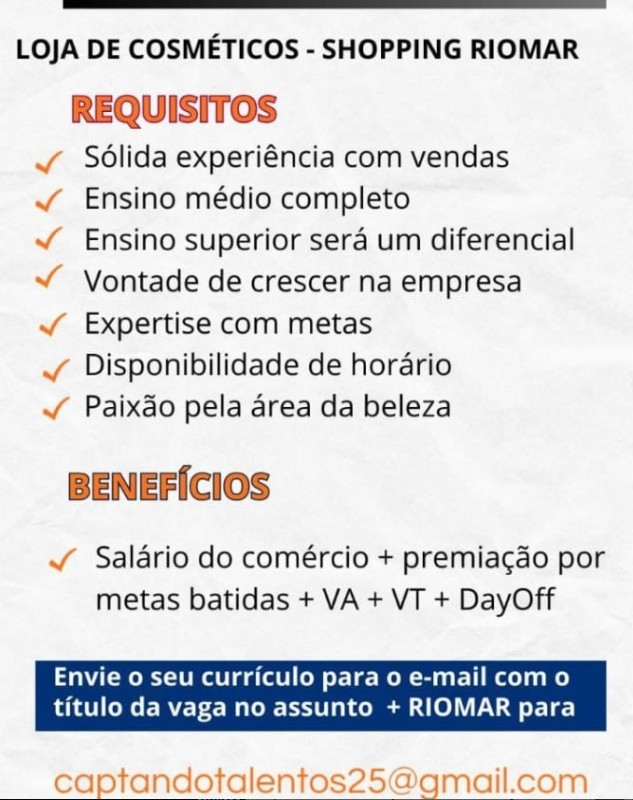 1 Vaga de emprego para Vendedor no Segmento de cosméticos em 24/09