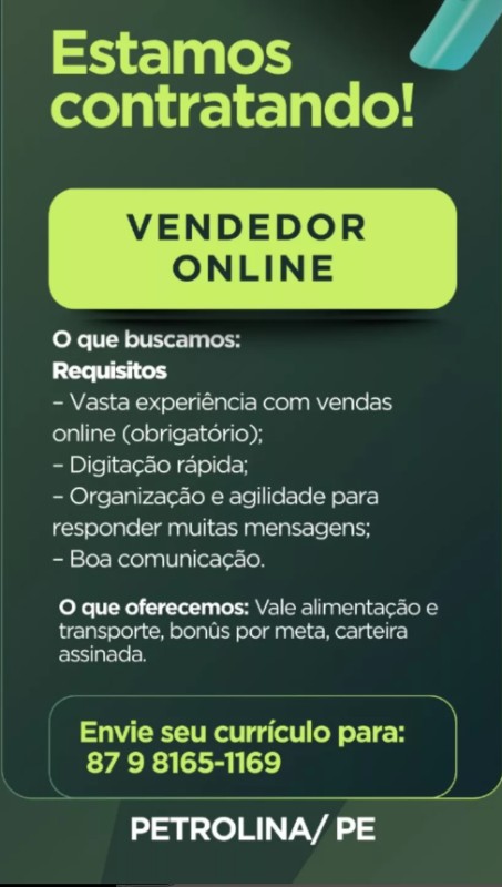 1 Vaga de emprego para Vendedor Online na Cidade de Petrolina em 19/09