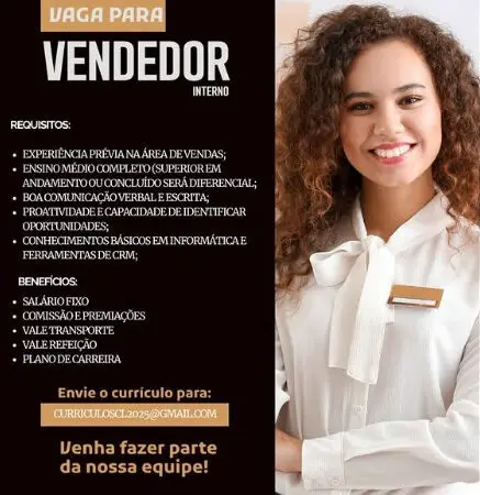 1 Vaga de emprego para Vendedor no Segmento comercial em 11/09