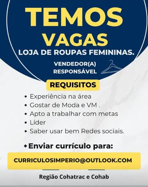 1 Vaga de emprego para Vendedor no Segmento de loja de roupas femininas em 11/09