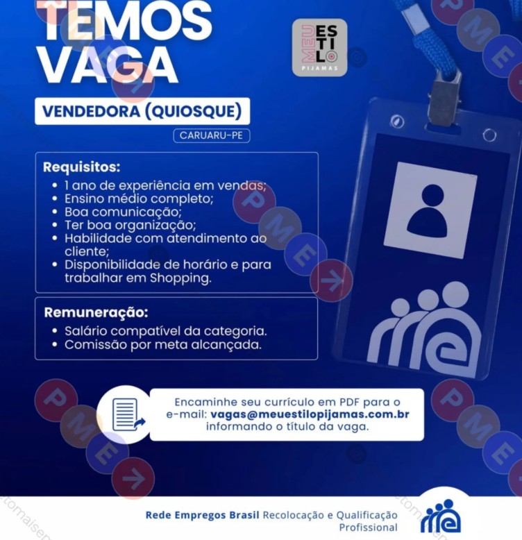 1 Vaga de emprego para Vendedora na empresa Rede Empregos Brasil em 24/09