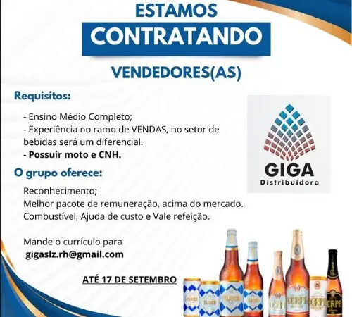 1 Vaga de emprego para Vendedor sem experiência na empresa Giga Distribuidora em 11/09