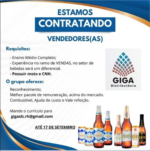 1 Vaga de emprego para Vendedor sem experiência na empresa Giga Distribuidora em 11/09