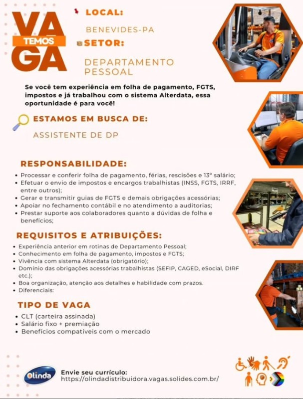 1 Vaga de emprego para Departamento Pessoal na empresa Olinda em 01/10
