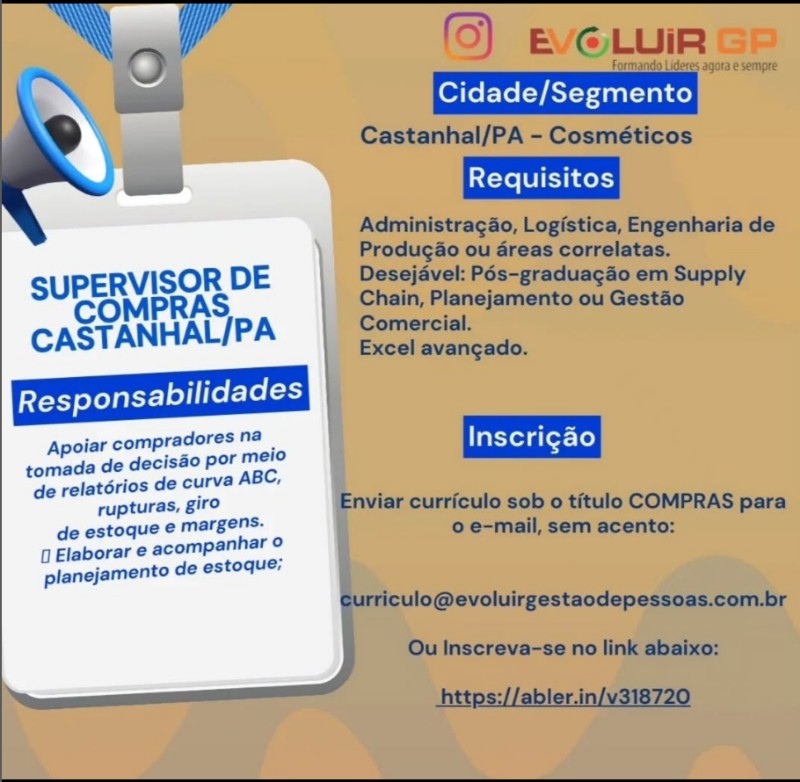 1 Vaga de emprego para Supervisor De Compras na empresa Evoluir GP em 01/10