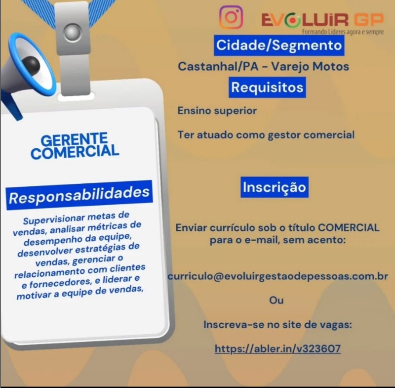 1 Vaga de emprego para Gerente Comercial na empresa Evoluir GP em 01/10