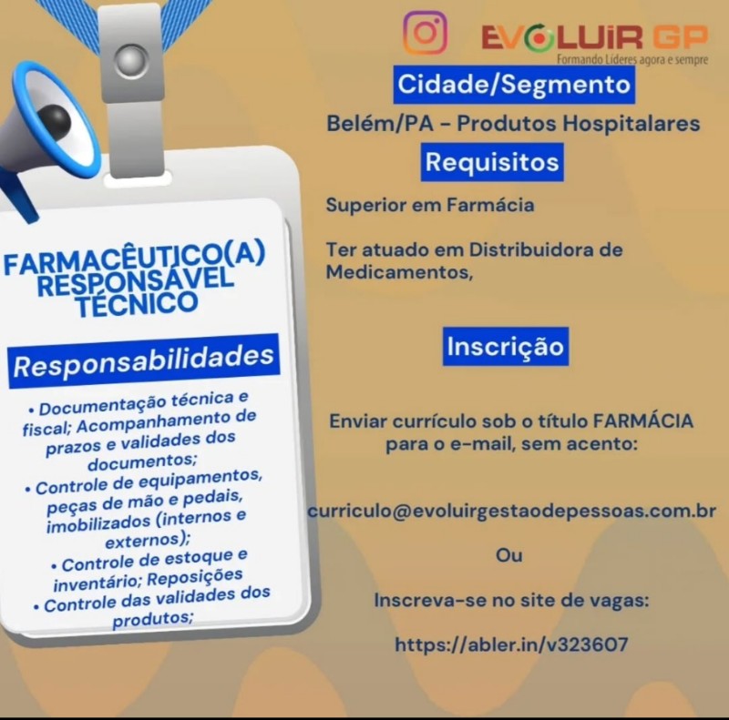 1 Vaga de emprego para Farmaceutico na empresa Evoluir GP em 01/10