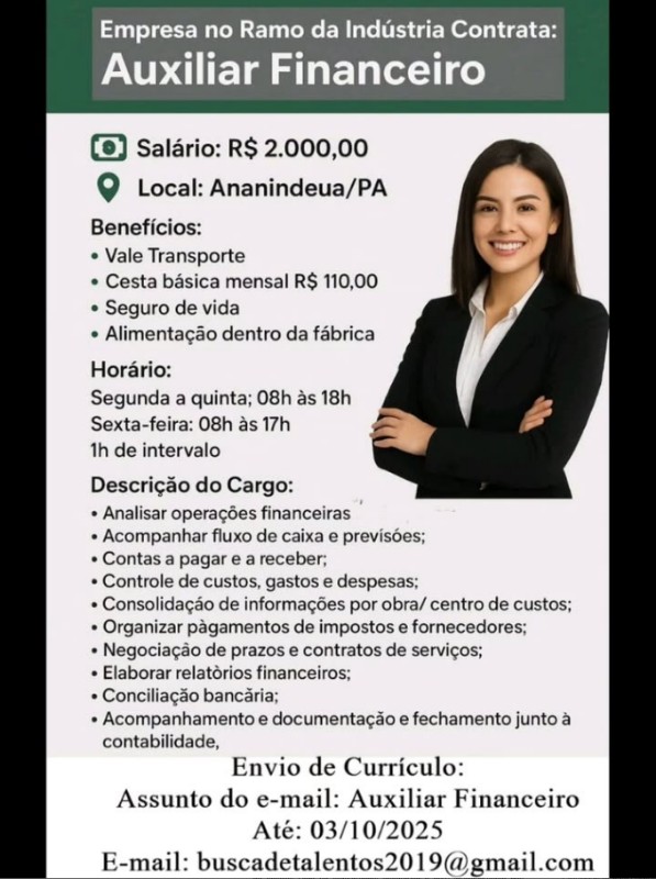 1 Vaga de emprego para Auxiliar Financeiro na Cidade em 01/10