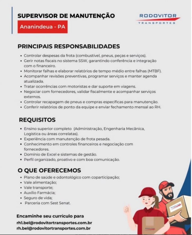1 Vaga de emprego para Supervisor De Manutenção na empresa RODOVITOR em 01/10