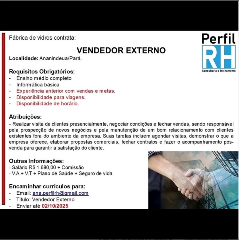 1 Vaga de emprego para Vendedor Externo na empresa Perfil RH em 01/10