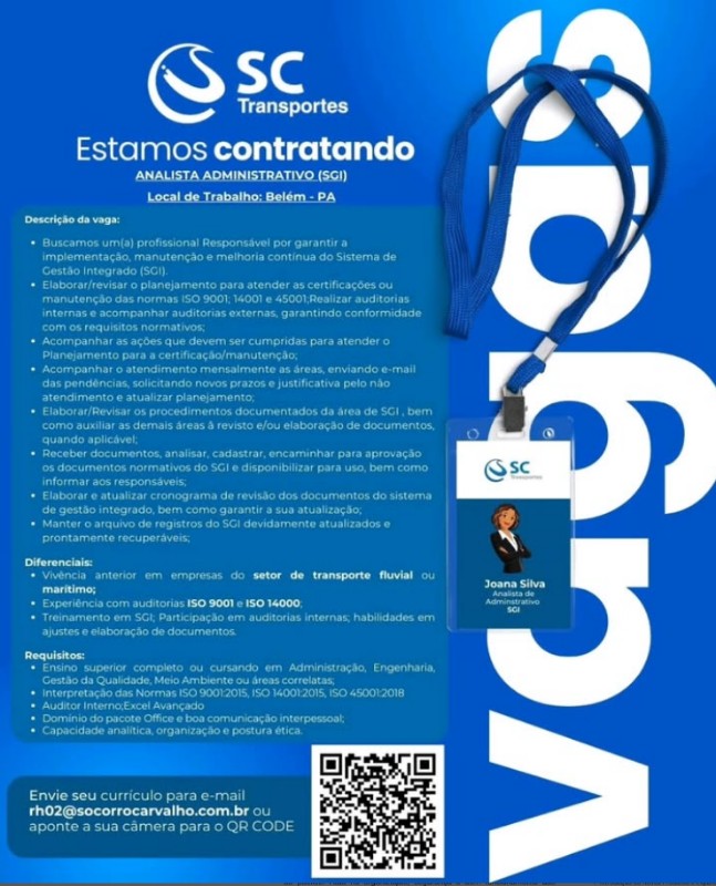 1 Vaga de emprego para Analista Administrativo na empresa SC Transportes em 01/10