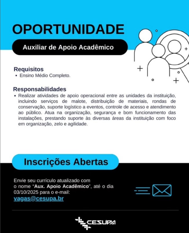 1 Vaga de emprego para Auxiliar De Apoio Academico na empresa CESUPA em 01/10