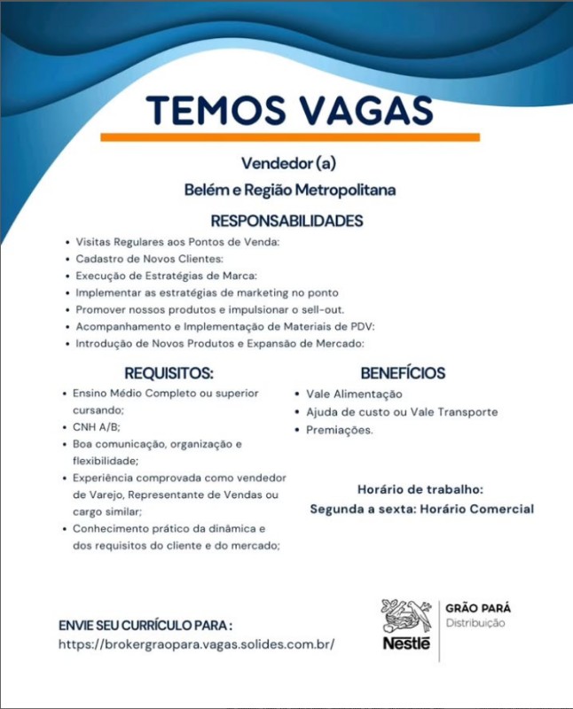 1 Vaga de emprego para Vendedr na empresa Grão Pará em 01/10